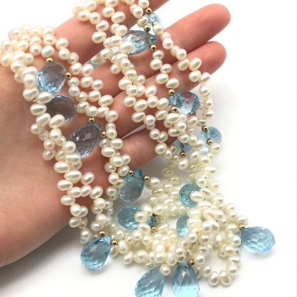 Genuine Multi-Strand Real Pearl Blue Faceted Crystal 14k Solid Gold Necklace - Picture 5 of 8